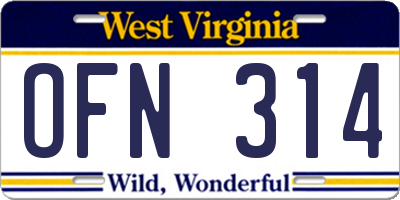 WV license plate OFN314