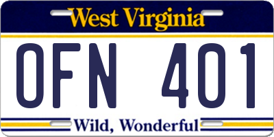 WV license plate OFN401
