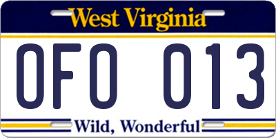 WV license plate OFO013