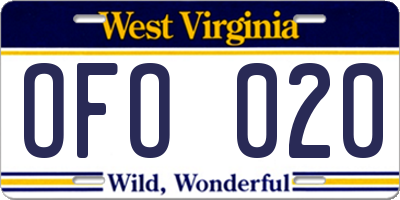 WV license plate OFO020