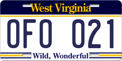 WV license plate OFO021