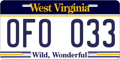 WV license plate OFO033