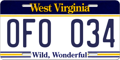 WV license plate OFO034