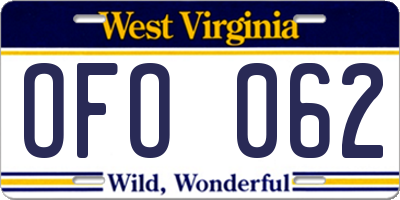 WV license plate OFO062