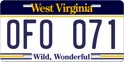 WV license plate OFO071