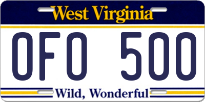 WV license plate OFO500