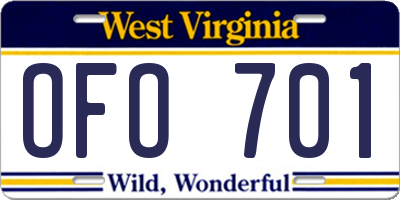 WV license plate OFO701