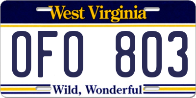 WV license plate OFO803