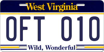 WV license plate OFT010