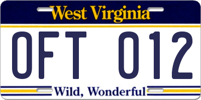 WV license plate OFT012