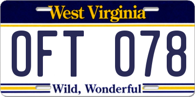 WV license plate OFT078