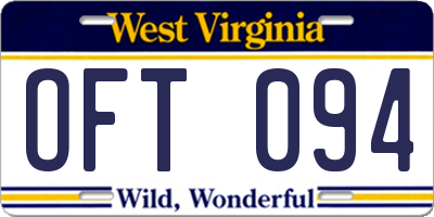 WV license plate OFT094