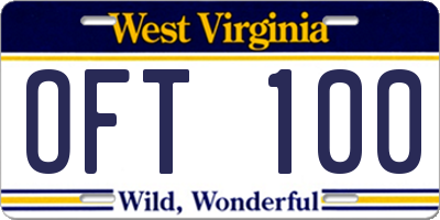 WV license plate OFT100