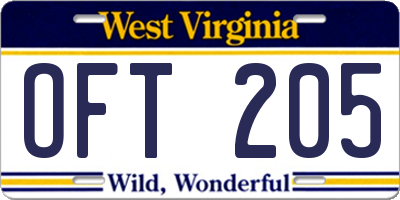 WV license plate OFT205