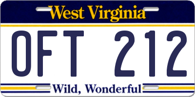 WV license plate OFT212