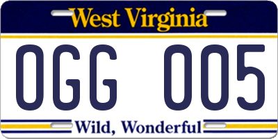 WV license plate OGG005