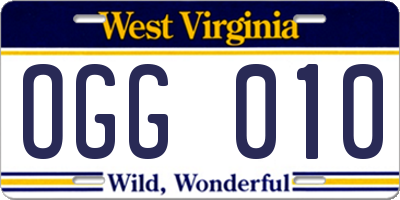 WV license plate OGG010