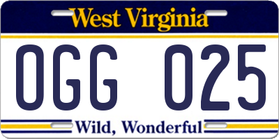 WV license plate OGG025