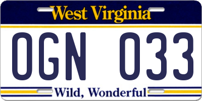 WV license plate OGN033