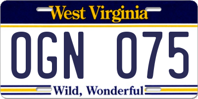 WV license plate OGN075