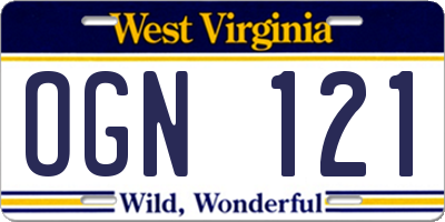 WV license plate OGN121