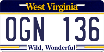 WV license plate OGN136
