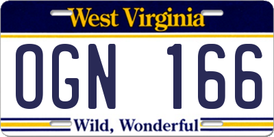 WV license plate OGN166