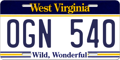 WV license plate OGN540