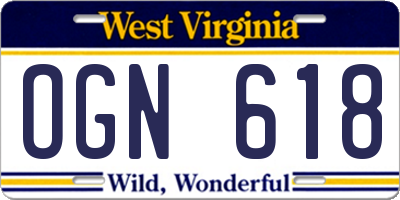 WV license plate OGN618