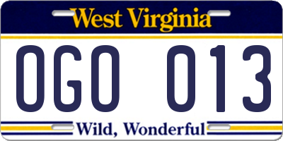 WV license plate OGO013