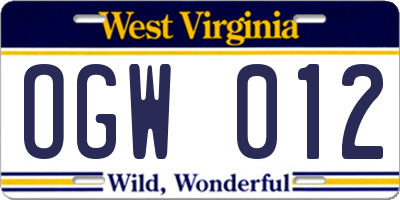 WV license plate OGW012