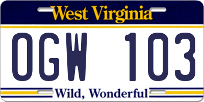 WV license plate OGW103