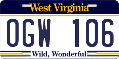 WV license plate OGW106