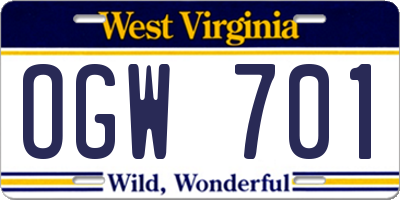 WV license plate OGW701