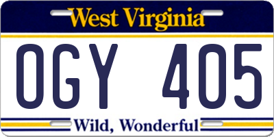 WV license plate OGY405