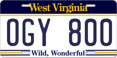 WV license plate OGY800
