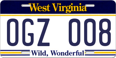 WV license plate OGZ008