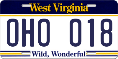 WV license plate OHO018