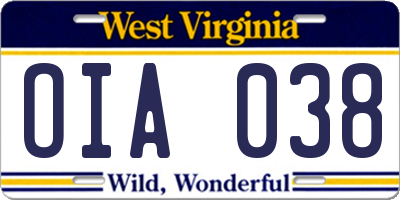 WV license plate OIA038