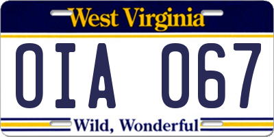 WV license plate OIA067