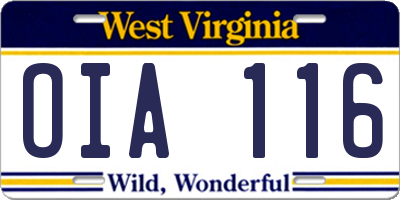 WV license plate OIA116