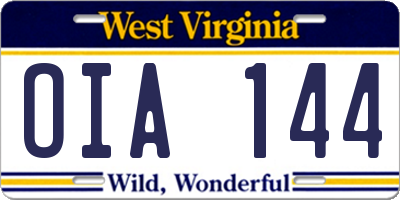 WV license plate OIA144