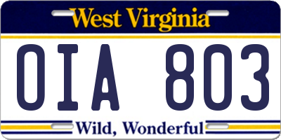 WV license plate OIA803