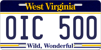 WV license plate OIC500