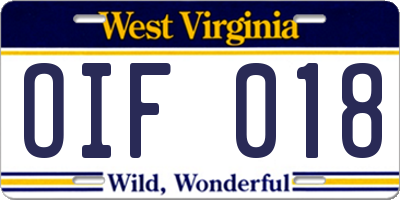 WV license plate OIF018