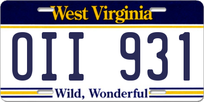 WV license plate OII931