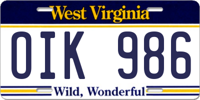 WV license plate OIK986