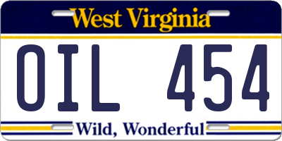 WV license plate OIL454