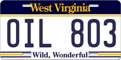 WV license plate OIL803