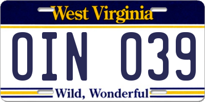 WV license plate OIN039